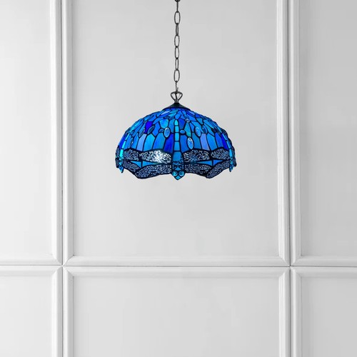 Lámpara colgante Tiffany libélula azul pantalla de vitral de 16 pulgadas estilo antiguo - Imagen 4 de 14