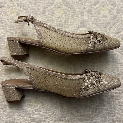 J. Renee Women's Gold Low Heel Slingback Shoes SZ 9.5W Crystals Satin Sheer - Picture 14 of 18