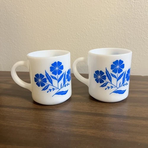 2 Vintage Hazel Atlas Blue Cornflower Milk Glass Coffee Mug Tea Cup 1950s