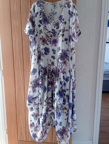 CHESCA BEAUTIFUL WHITE AND PURPLE FLOWER LINEN HITCH DRAPE DRESS -SIZE 4 - - Picture 3 of 17