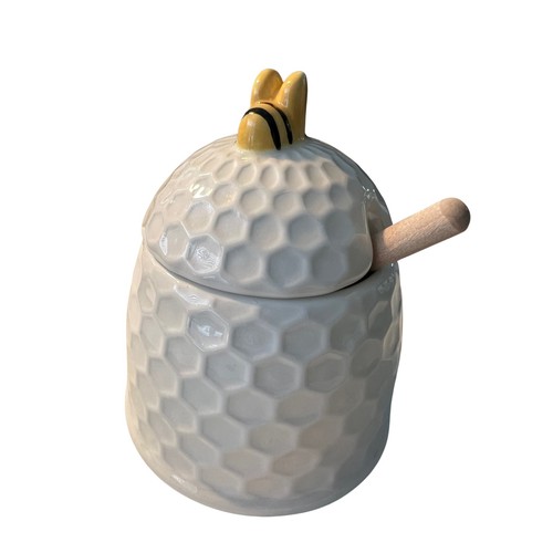 Earthenware Cute Ceramic Honey Pot Beehive Honey Jar with Dipper Lid - Picture 2 of 6