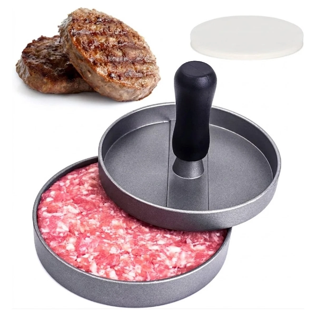 Prensa antiadherente para hamburguesas + 100 discos de cera, hamburguesa para barbacoa