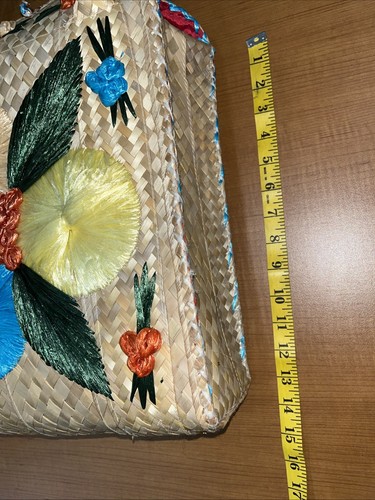 Vintage 70s Large Floral Raffia Straw Bucket Tote Bag Red Lined Tropical Beachy - Picture 10 of 12