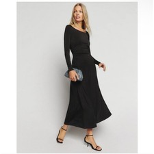 Reformation Zumi Knit Dress S Black Long Sleeve Midi Ruched Chic 