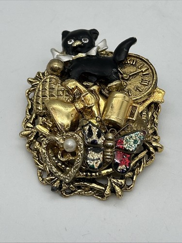Chunky Retro Cat Brooch Pendant Gold Tone Clock Butterfly Faux Pearl Crystals - Picture 13 of 21