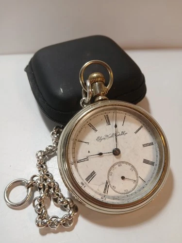 ANTIQUE 18S ELGIN WIND-UP SILVEROID POCKET WATCH Sterling Silver Chain