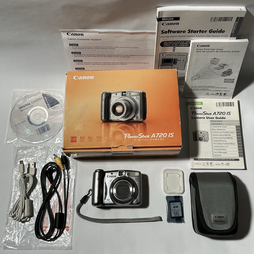 Canon PowerShot A720 IS Digital Camera Box Manuals Cord SD Card **Read** - Imagen 1 de 23
