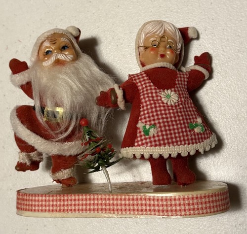 Babbo Natale e Signora Babbo Natale Feltro Floccato Danza Figure su Base Albero di Natale Vintage Giappone - Foto 1 di 16