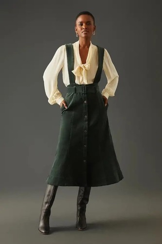 Maeve Anthropologie Green Corduroy Belted Suspenders Pinafore Midi Skirt Size 14