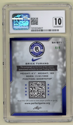 Brice Turang 2017 Leaf Metal Perfect Game All American Autograph Green Etch 4/4 - Picture 2 of 2