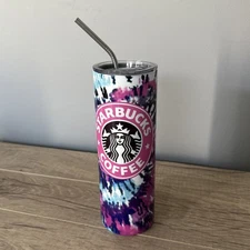 STARBUCKS Stainless Steel 20oz Tumbler Skinny Cup Hot Cold Tie Dye w/ straw lid