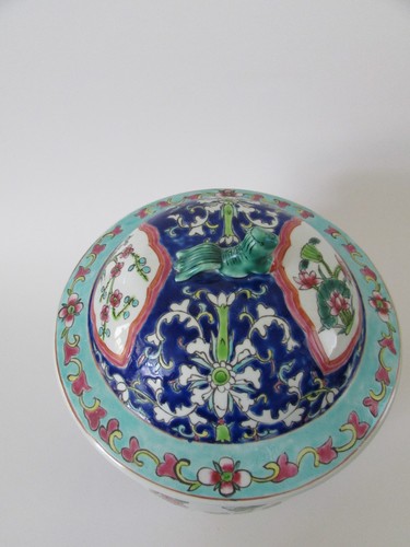 Vintage Asiatische Chinoiserie Rose Famille Foo Hund Ingwer Glas Blau - Bild 3 von 7