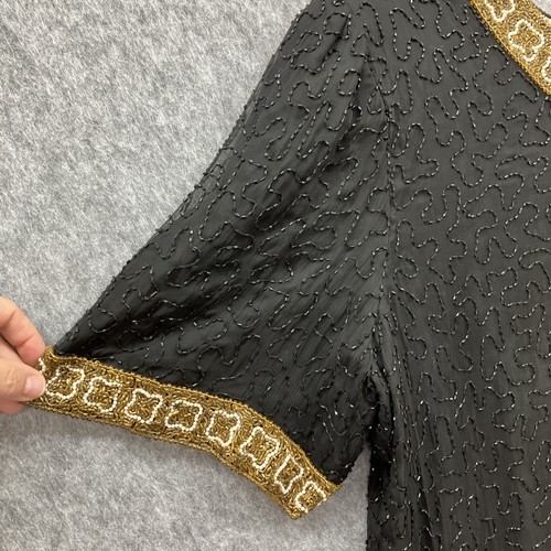 Vestido de seda Lawrence Kazar con cuentas vintage 2X negro dorado cóctel vacaciones - Imagen 6 de 13