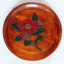 Vintage Japanese Lacquerware Round Tray – Camellia (Tsubaki) Design
