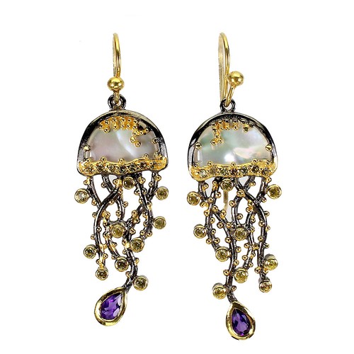 925 Sterling Silver Earrings Pear Amethyst Mop Sapphire Gemstone Jewelry - Picture 1 of 14