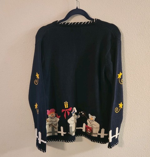 Quacker Factory maglione cardigan pupazzo di neve ricamato blu taglia S stella di Natale  - Foto 7 di 7