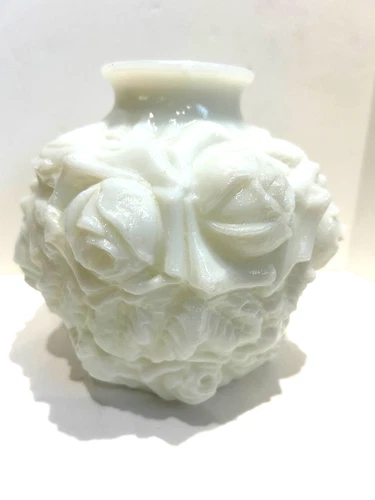 Vintage Imperial Glass Milk Glass La Bella Rose Flower Vase Round High Relief