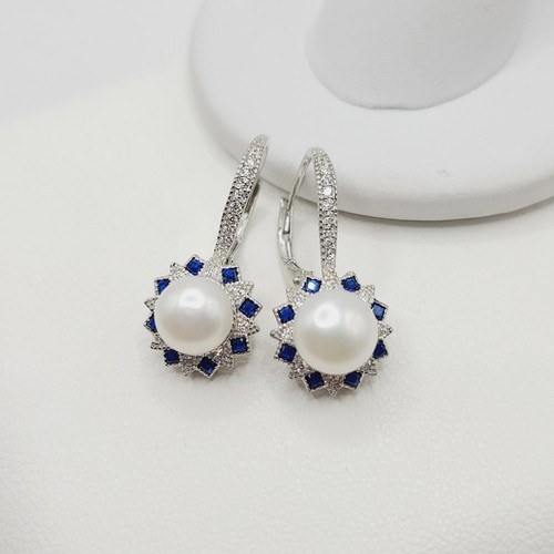 Sterling Silver Freshwater Cultured Pearl & Lab-Created Blue Spinel Drop Earring