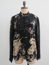 Citron of Santa Monica Blouse shirt Med M Fudog Fu Dog Asian knot button black