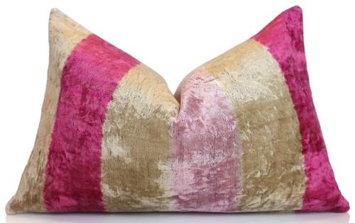 Almohada lumbar de terciopelo de seda a rayas de oro rosa - Cojín de lujo hecho a mano 16x24 - Imagen 1 de 8