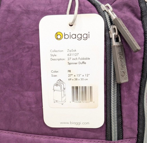Biaggi ZipSak FOLDABLE Spinner Duffle Bag Purple Lightweight Compact Luggage - Picture 8 of 11