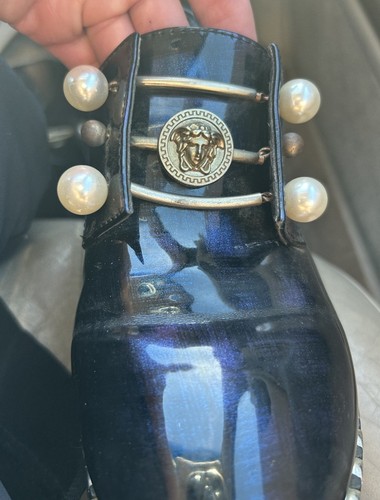 Rare One Of A Kind VTG Black Marblized Slip On Lofer Shoes Pearl & Brass Laces 6 - Picture 11 of 11