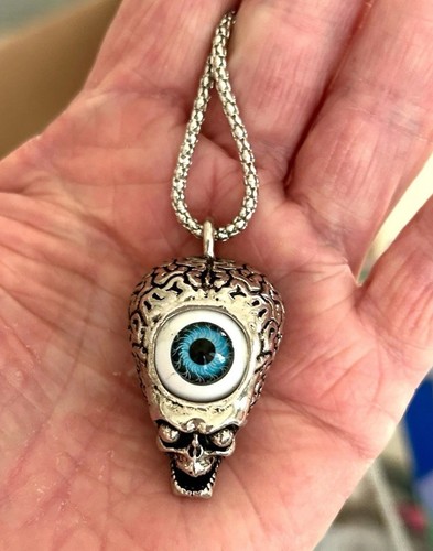 RARE Betsey Johnson Silver Tone Skull Head Blue Evil Eye Pendant Necklace NWT - Picture 9 of 13
