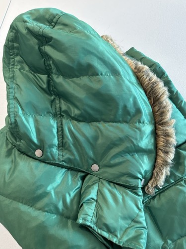 Talbots Green Puffer Vest Faux Fur Trim Removable Hood Petites XS Down Filled - Picture 10 of 13