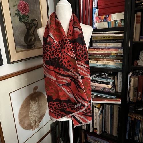 Vtg BILL BLASS Long Silk Scarf Red Gold Black Abstract Animal Print 11" x 56" - Picture 1 of 11