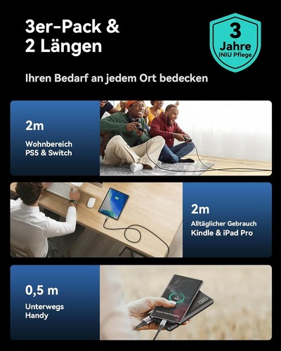 3 x INIU USB C LadeKabel 3.1A Kabel EXTREM ROBUSTES mit 100% Top Qualität *NEU* - Bild 5 von 9