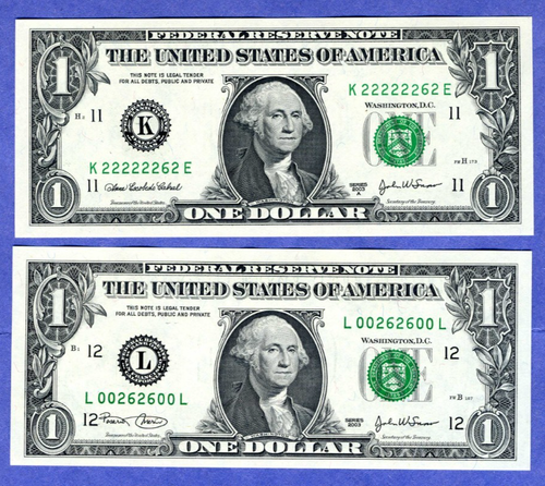 7 of KIND # 22222262 + Fancy # 00262600 $1 notes both GEM UNCIRCULATED - Picture 2 of 3