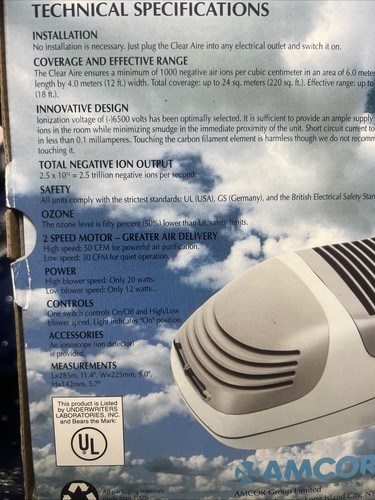 Amcor Future Tech Clear Aire  Air Purifier and Ionizer - Picture 4 of 4