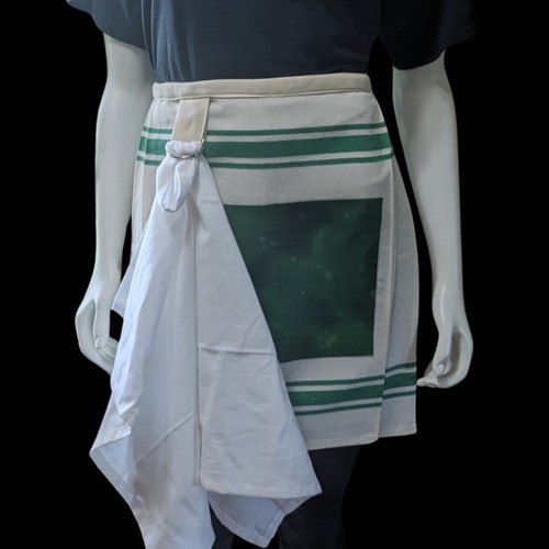 Handmade Tan Half Apron with Green Stripe and Pockets - Picture 3 of 5