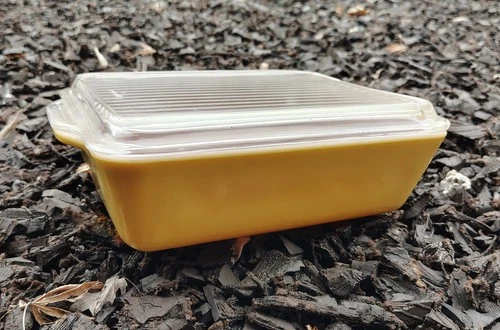 RARE COLOR INSIDE ! ERROR ?TEST PATTERN? Vintage Pyrex 0503 & 503C W/Lid Yellow