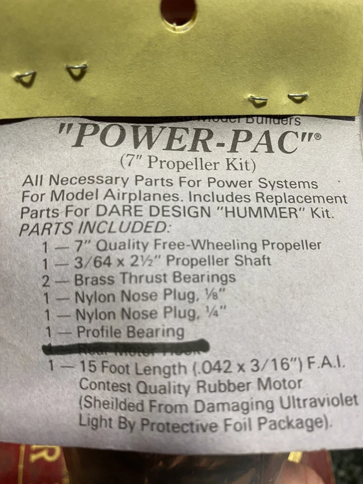 Rare Vintage DARE DESIGN HUMMER R/C, RUBBER MOTOR POWER PAC - Image 4 of 4