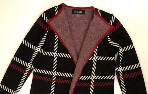 NWT: Black Label Evan-Picone Open Front Cardigan Sweater Medium, Black White Red - Picture 4 of 13