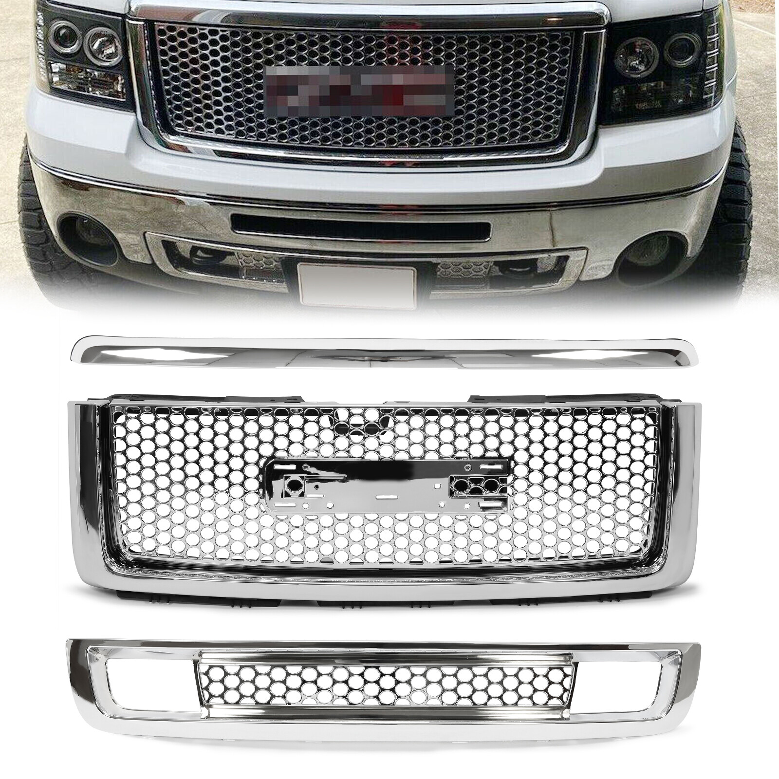 For 2007-13 GMC Sierra 1500 Denali Pickup Upper Lower Grille Hood Molding Chrome