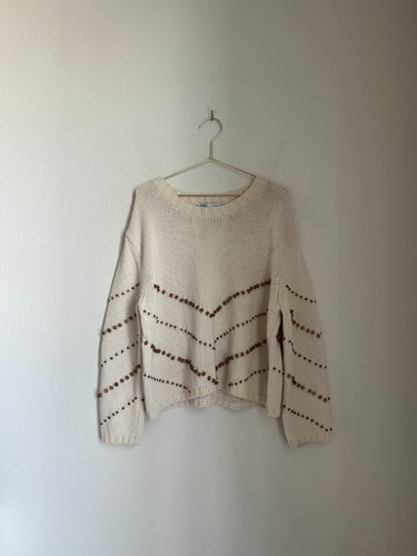 Zara Women's Beaded Knit Boxy Sweater in Cream Size SMALL - Picture 1 of 5