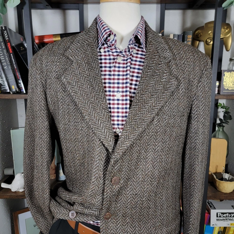 Abrigo Blazer Deportivo Haggar Para Hombre Tweed Dos Botones Marrón Lana Espiga 42L De Colección Foto 2 de 4