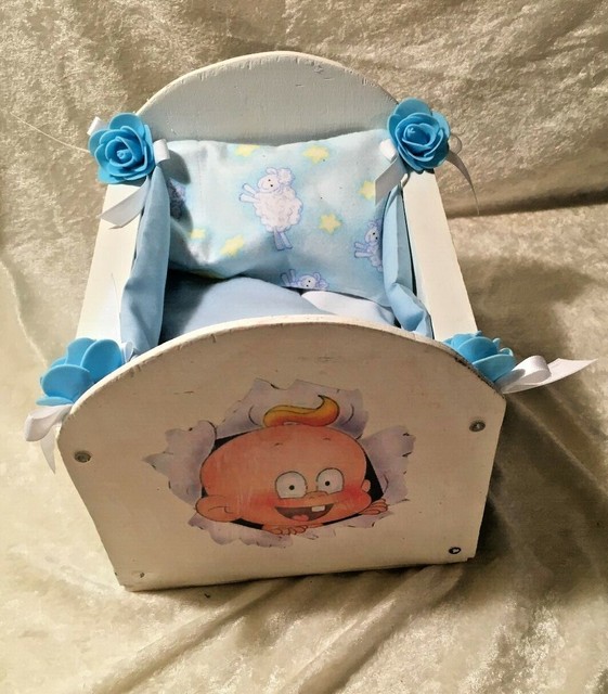 Handmade wood boy doll crib with accessories. Fits up to 5678" baby