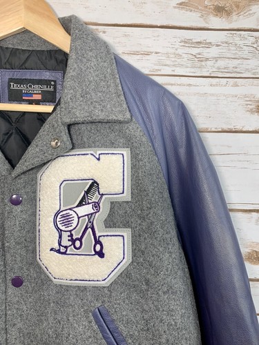 Texas Chenille by Caliber Purple Gray Leather Letterman’s Jacket Cosmetology - Picture 2 of 5