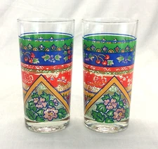 Set 2 Pair Lot Glasses Ice Tea Highball Flowers Cherries Colorful 10 Oz c