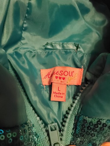 Heart Soul Puffer Vest Girls Youth Large Teal Shiny Sequins Hooded Full Zip - Picture 4 of 7