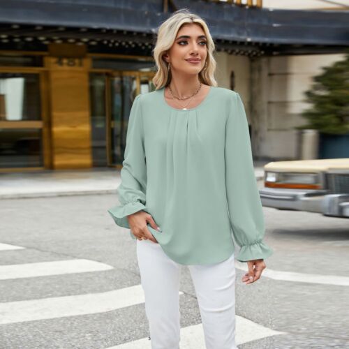 Women's Long Sleeve Lantern Sleeve Blouse Shirt Crew Neck Chiffon Casual Tops - Foto 31 di 37