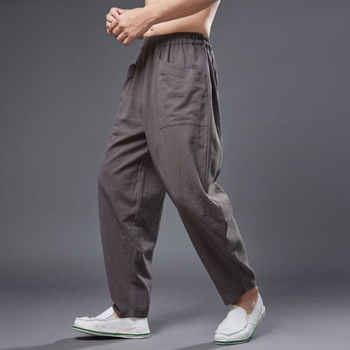 Einfache lockere Herren Haren Hose Baumwolle Leinen elastischer Bund chinesische Freizeithose - Bild 7 von 29