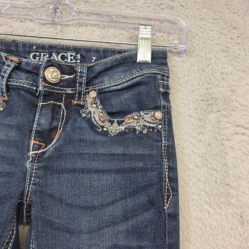 Jeans Grace in LA Niñas 7 Azul Acampanado Tiro Bajo Lavado Oscuro Y2K Tachonado Bordado - Imagen 6 de 15