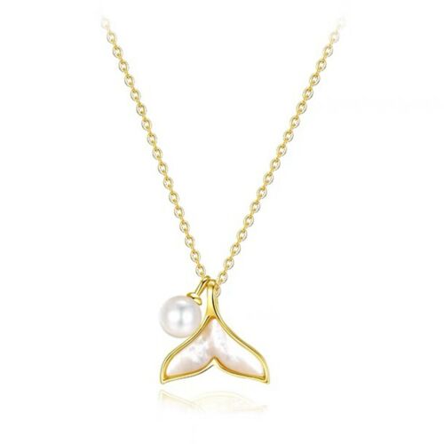 Yellow Gold 925 sterling silver mother of pearl whale tail pendant necklace 5mm - Picture 2 of 12