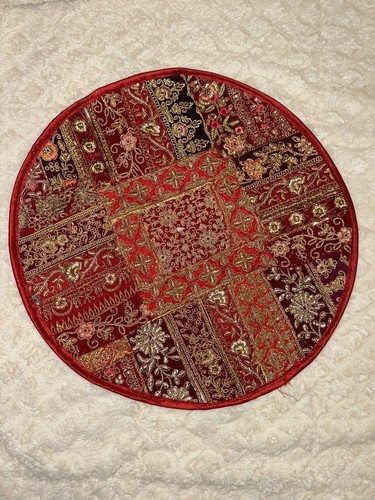 Bohemian Round Table Decoration Embroidered Red Indian Gujrati 20” in diameter - Picture 1 of 5