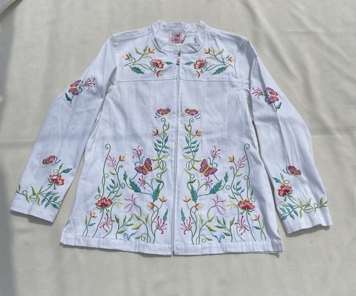 Quacker Factory Jacke weiß bestickt & Perlen Blumen Schmetterling Reißverschluss Gr. L - Bild 1 von 13