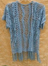 Crochet Lace Bolero Shrug W/Fringe BoHo Handmade Smokey Blue SEE PHOTOS FOR SIZE